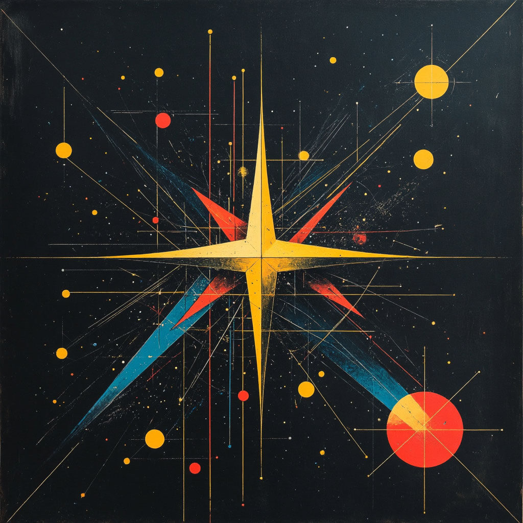 Ruhige abstrakte Himmelskomposition mit wenigen stilisierten Sternpunkten, feinen Linien und geometrischen Markierungen auf dunklem Hintergrund; sachlicher, bauhaus-orientierter Stil mit dezenten Akzenten in Gelb, Blau und Rot